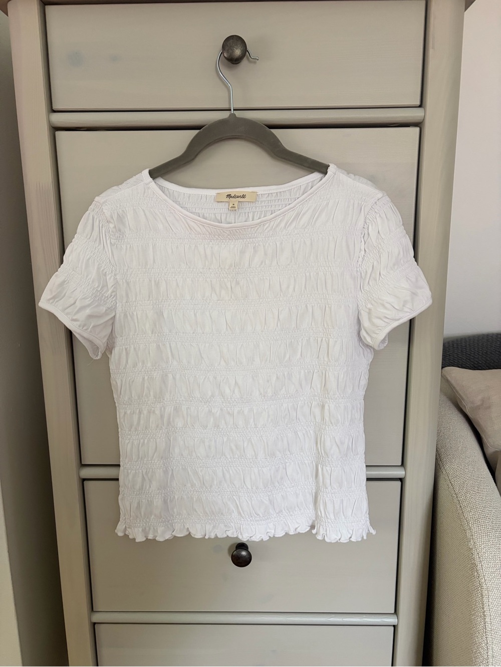 Madewell White Smocked Short Sleeve Tee with Ruffle Hem